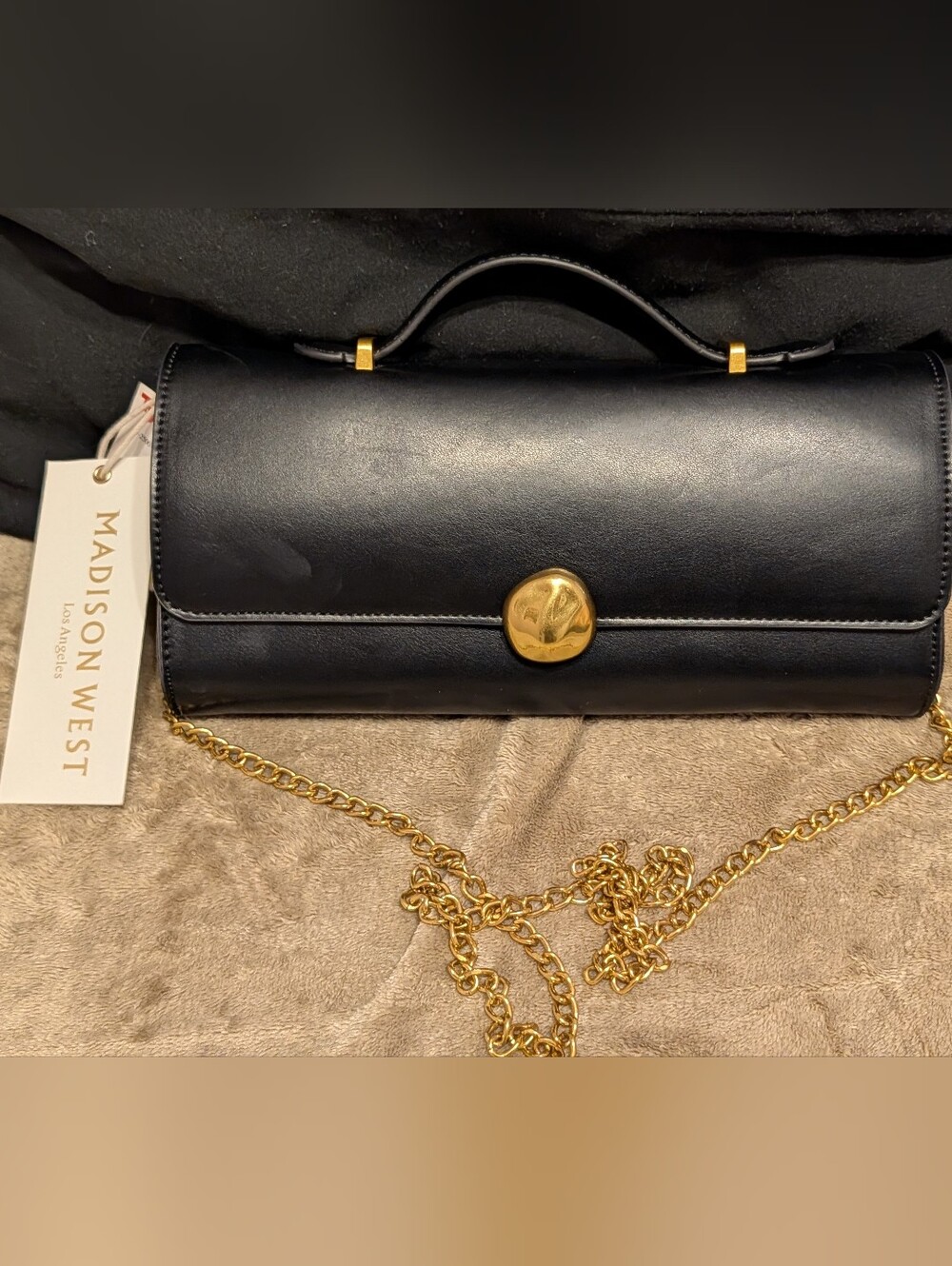 Madison West Black Leather Top-Handle Crossbody with Gold Hardware